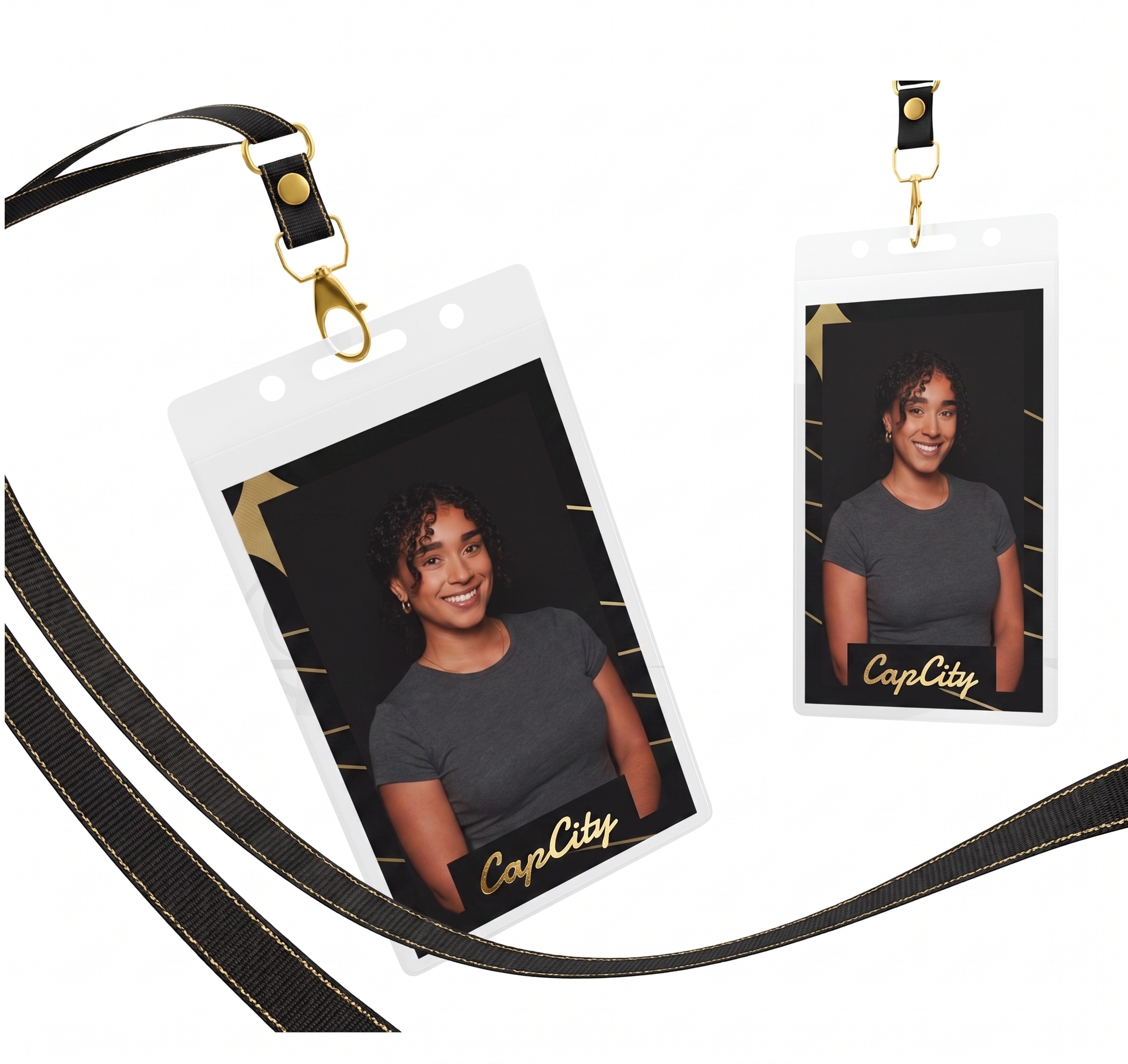Custom event badges printed with guest photos from the photo booth