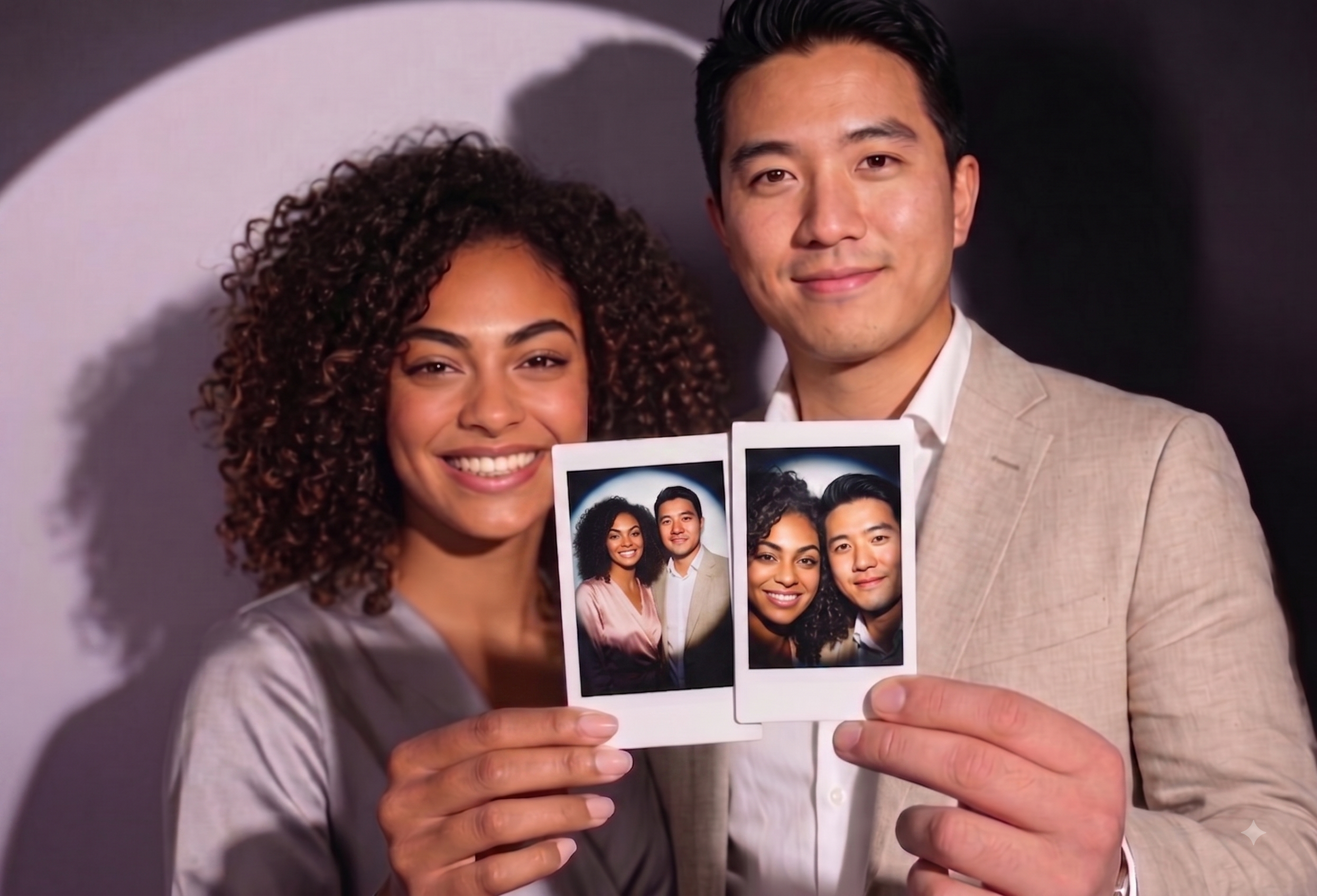 Two guests holding a printed photo strip from a CapCity booth