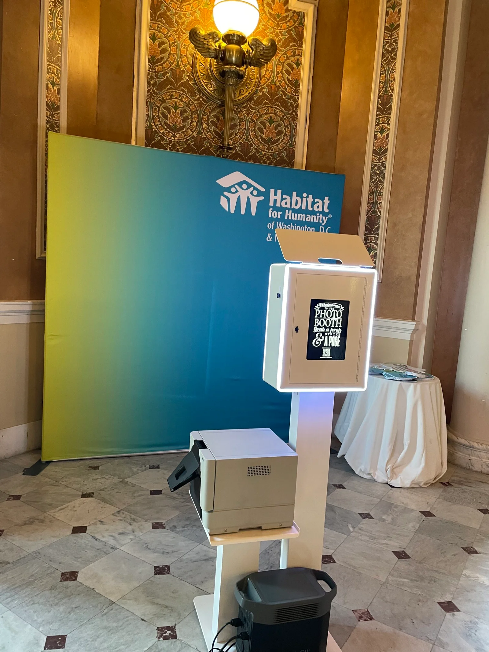 Open air photo booth set up in a Washington DC hotel ballroom
