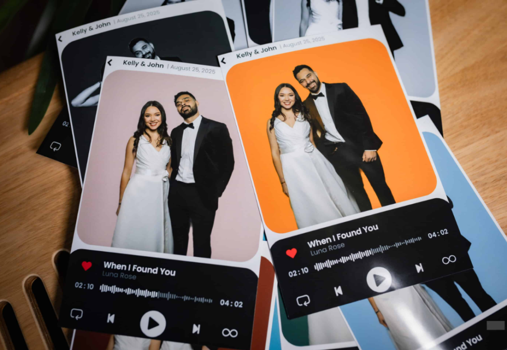 Digital photo booth prints shown on phone screens