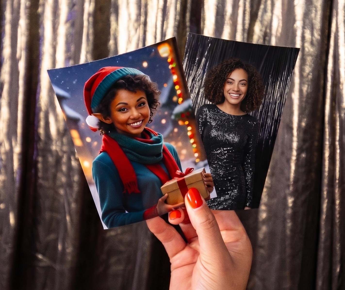Guests holding festive photo booth strips at a holiday party