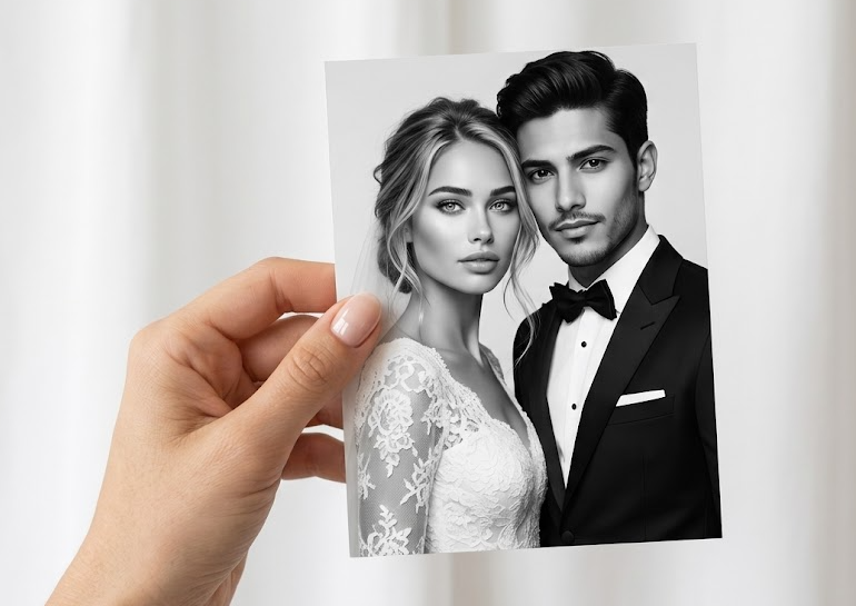 Hand holding a glam booth print of a couple