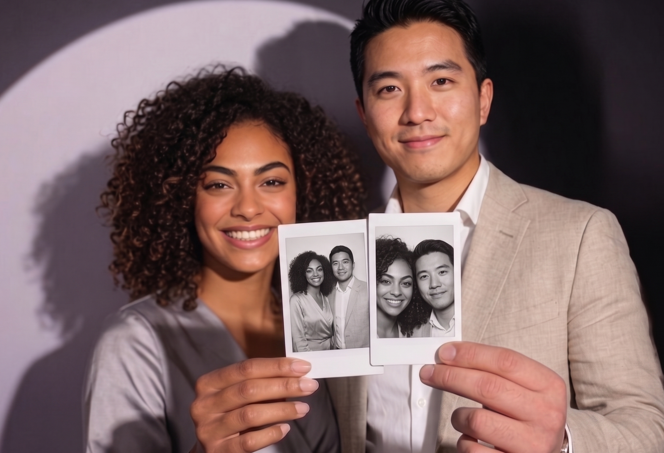 Couple holding photo strips at a CapCity spotlight booth