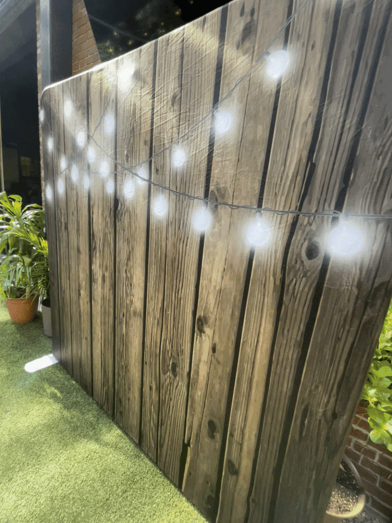 Outdoor photo booth backdrop with string lights at a backyard event