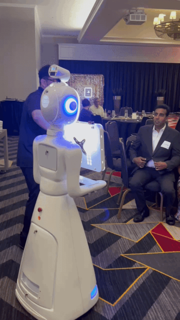 Roaming robot photo booth greeting guests at a Washington DC event